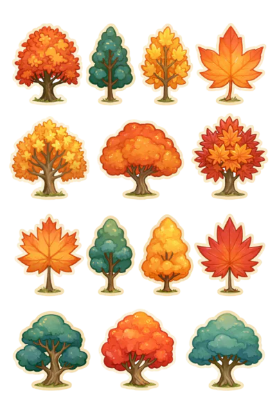 Printable Autumn Trees & Fall Leaves Sticker Sheet PNG – Cozy Foliage Clipart Set