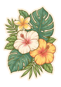 Tropical Flowers & Monstera Leaves Sticker PNG – Tropical Hibiscus & Plumeria Floral Bouquet Printable Sticker, Die Cut Hawaiian Decal PNG for Planners & Crafting