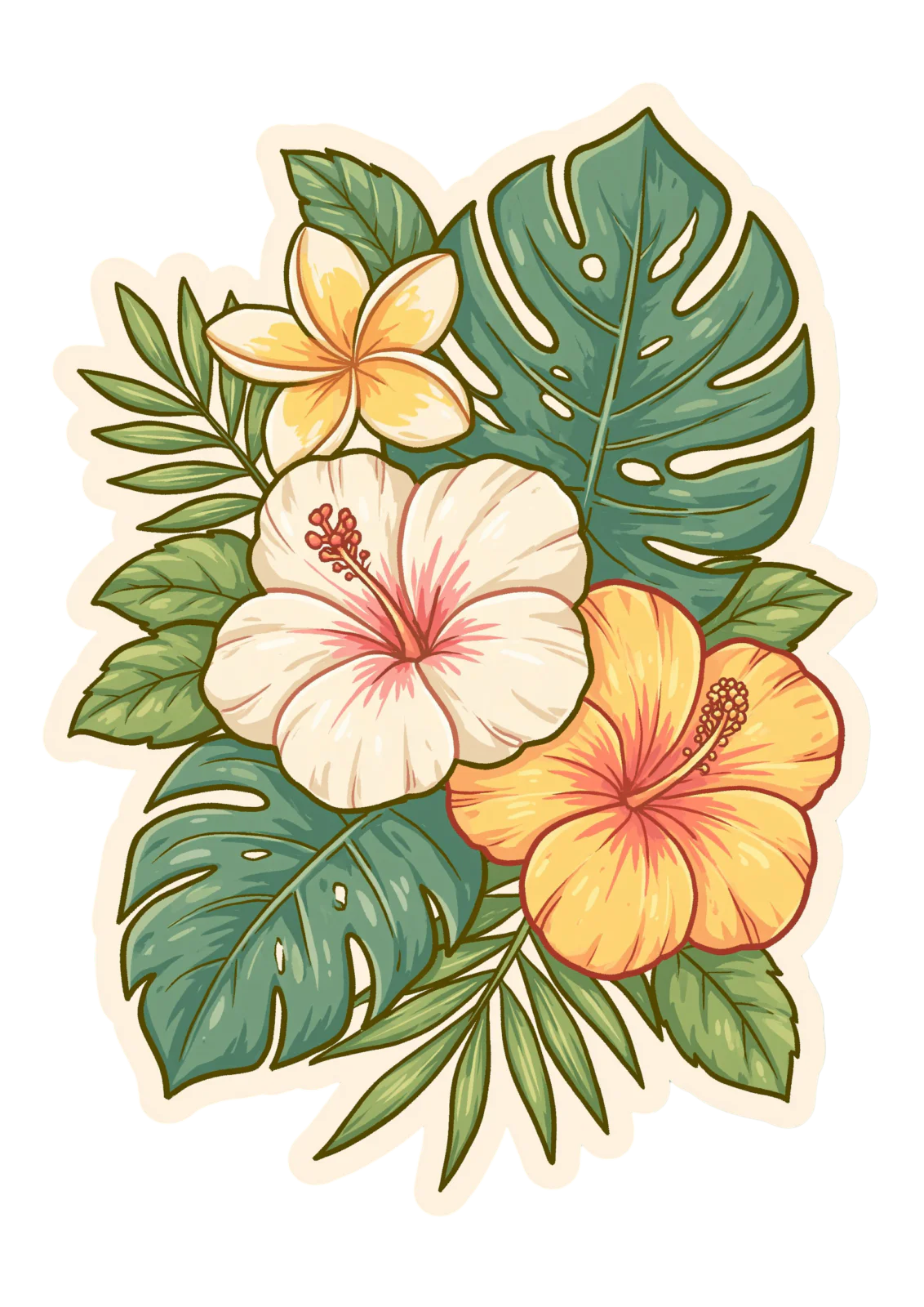 Tropical Flowers & Monstera Leaves Sticker PNG – Tropical Hibiscus & Plumeria Floral Bouquet Printable Sticker, Die Cut Hawaiian Decal PNG for Planners & Crafting