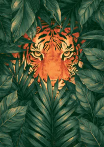 Moody Tiger in Tropical Jungle Leaves Printable Wall Art – Dark Green Botanical Wildlife Poster & Exotic Tiger Print