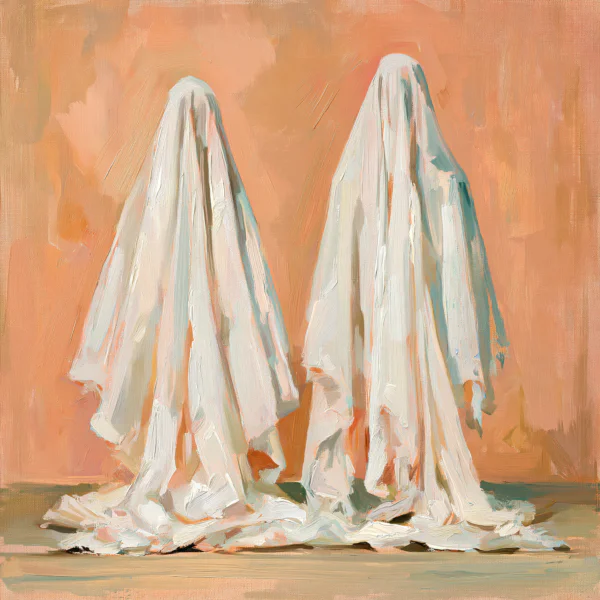 Abstract Ghost Couple Oil Painting Printable Wall Art – Minimalist Terracotta Halloween Poster, Modern Fine Art Spooky Decor