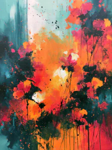 Abstract Vibrant Floral Oil Painting Printable Wall Art – Expressionist Orange & Pink Botanical Poster, Modern Eclectic Wall Decor