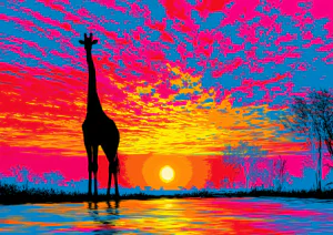 Vibrant Neon Giraffe Sunset Printable Wall Art – Pop Art African Safari Poster & Landscape Print