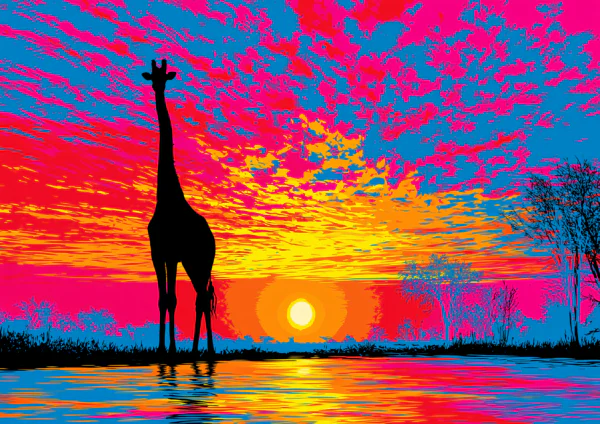 Vibrant Neon Giraffe Sunset Printable Wall Art – Pop Art African Safari Poster & Psychedelic Landscape Print