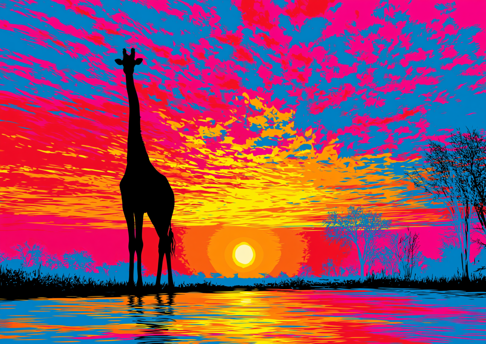 Vibrant Neon Giraffe Sunset Printable Wall Art – Pop Art African Safari Poster & Psychedelic Landscape Print