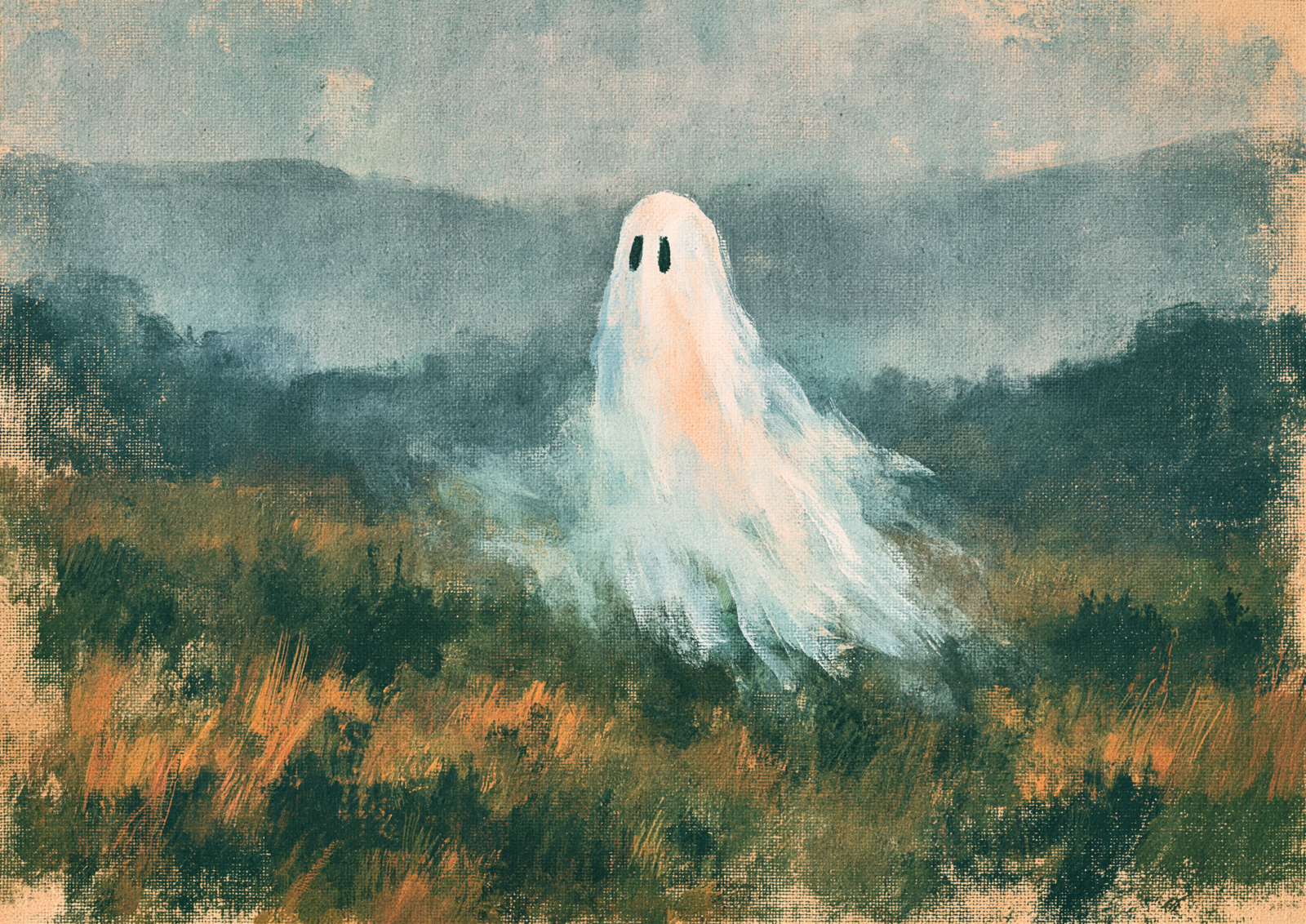 Vintage Cottagecore Ghost Painting Wall Art – Moody Autumn Meadow Landscape & Cute Spooky Halloween Decor Printable Poster Vintage Cottagecore Ghost Painting Wall Art – Moody Autumn Meadow Landscape & Cute Spooky Halloween Decor Printable Poster