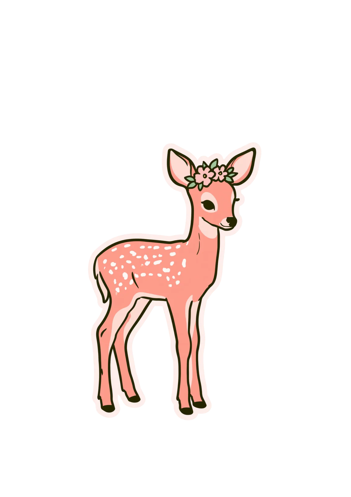 Cute Pink Fawn Sticker PNG – Vintage Kawaii Baby Deer with Floral Crown Printable Sticker, Die Cut Woodland Animal Decal PNG for Planners & Crafting