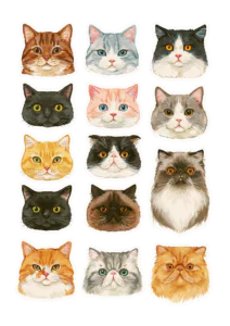 Cute Watercolor Cat Faces Printable Sticker Sheet – Digital Cat Breeds PNG Clipart Set, Ginger Black Persian Cat Decals for Planner & Scrapbooking