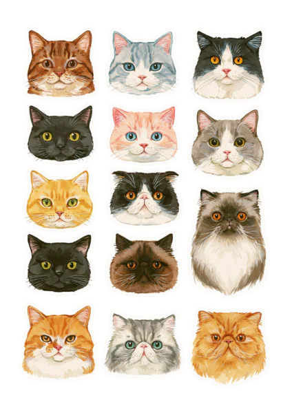 Cute Watercolor Cat Faces Printable Sticker Sheet – Digital Cat Breeds PNG Clipart Set, Ginger Black Persian Cat Decals for Planner & Scrapbooking