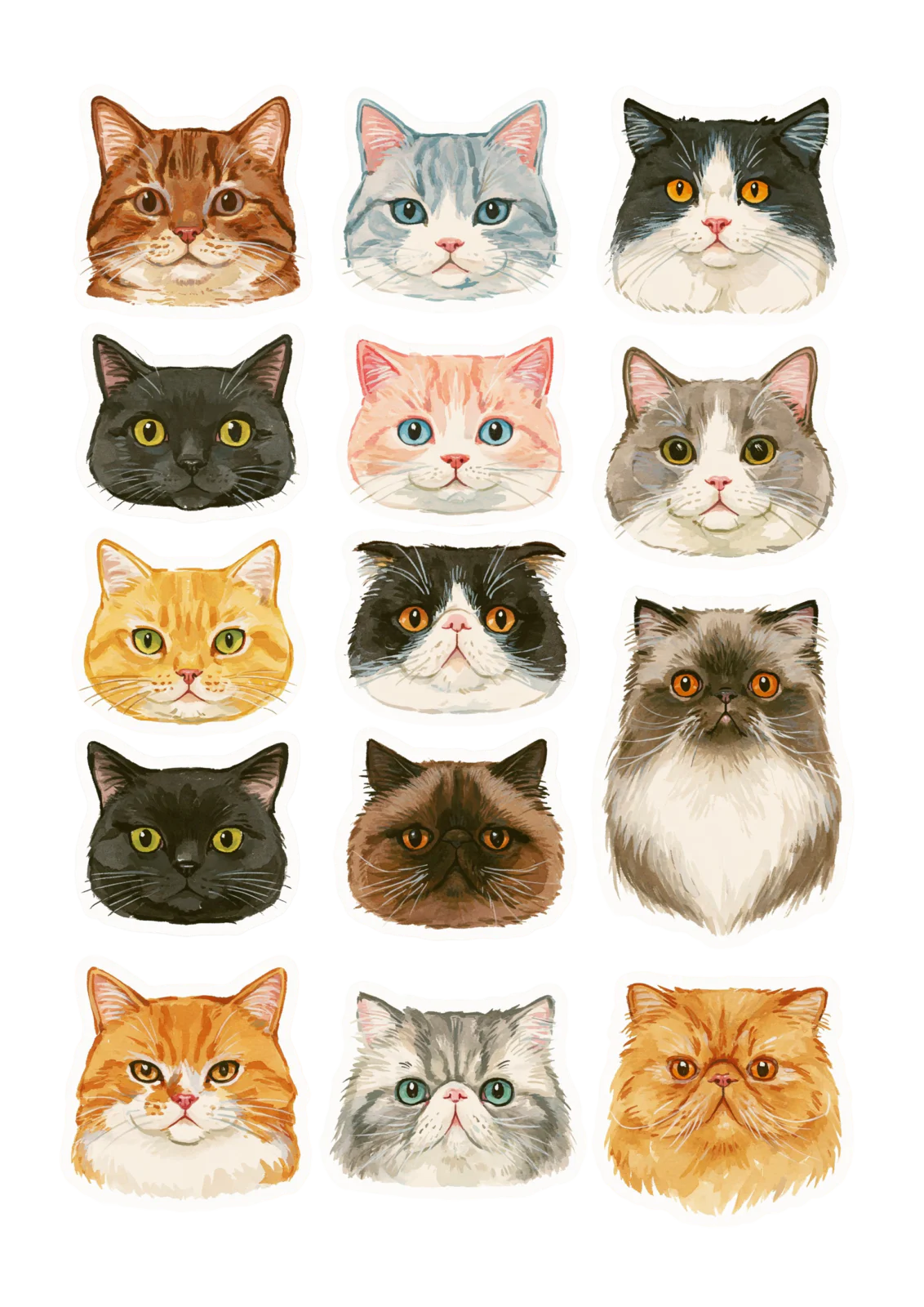 Cute Watercolor Cat Faces Printable Sticker Sheet – Digital Cat Breeds PNG Clipart Set, Ginger Black Persian Cat Decals for Planner & Scrapbooking