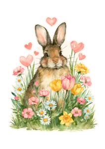 Cute Bunny in Flower Meadow Sticker PNG – Watercolor Rabbit with Hearts & Spring Flowers Printable Sticker, Die Cut Garden Animal Decal PNG for Planners & Crafting