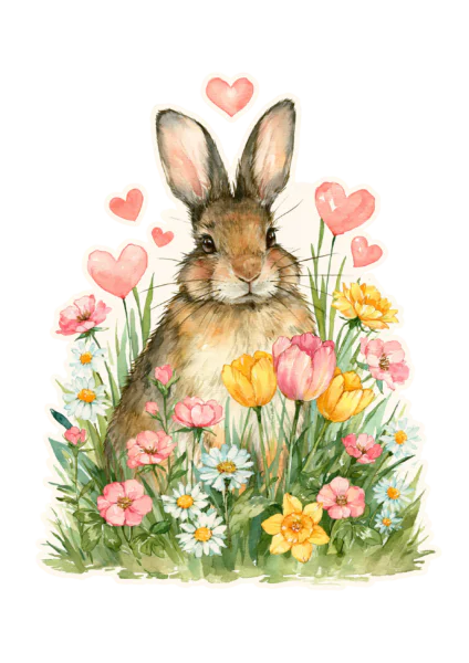 Cute Bunny in Flower Meadow Sticker PNG – Watercolor Rabbit with Hearts & Spring Flowers Printable Sticker, Die Cut Garden Animal Decal PNG for Planners & Crafting Cute Bunny in Flower Meadow Sticker PNG – Watercolor Rabbit with Hearts & Spring Flowers Printable Sticker, Die Cut Garden Animal Decal PNG for Planners & Crafting