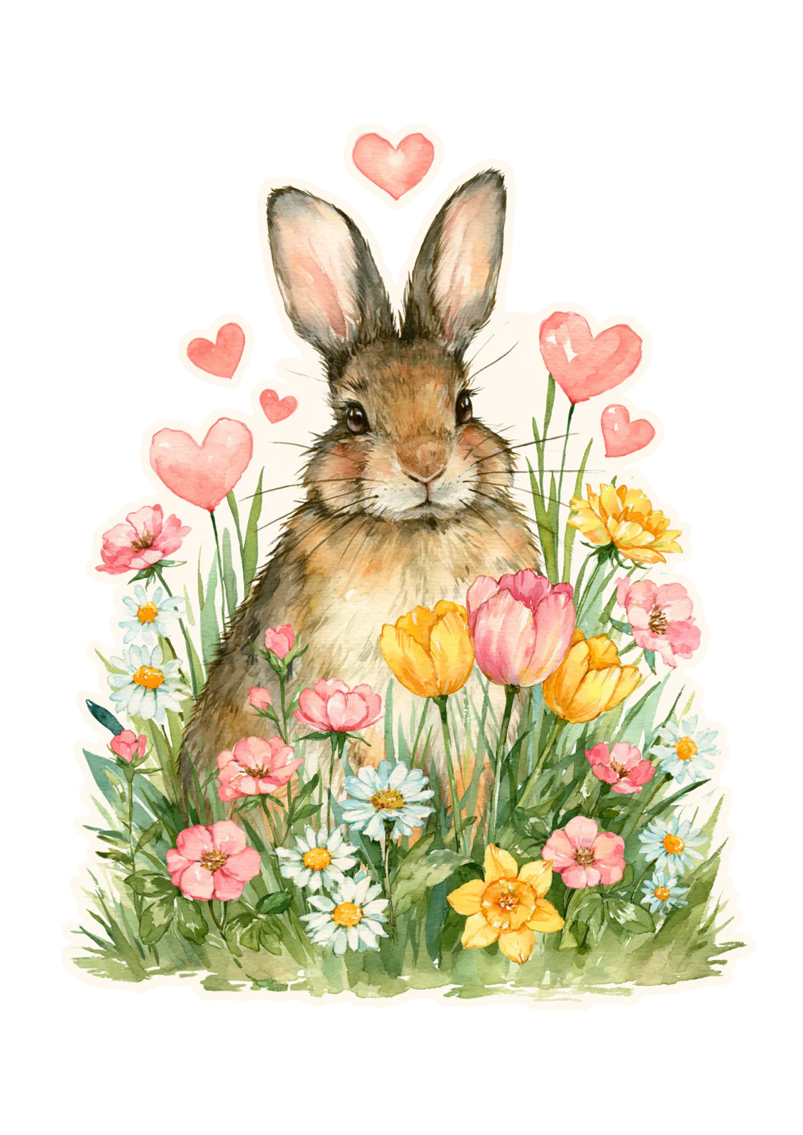 Cute Bunny in Flower Meadow Sticker PNG – Watercolor Rabbit with Hearts & Spring Flowers Printable Sticker, Die Cut Garden Animal Decal PNG for Planners & Crafting