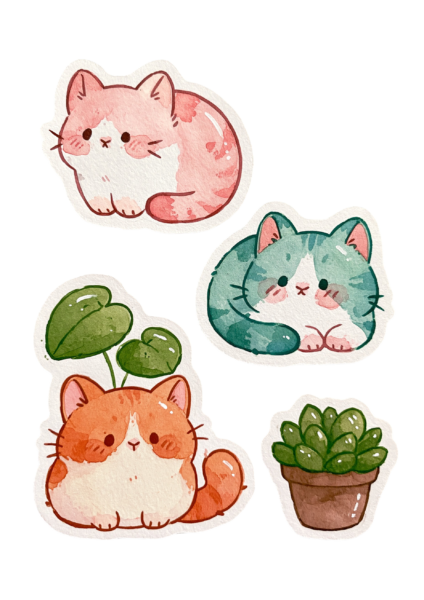 Cute Kawaii Cat & Plant Printable Sticker Sheet PNG – Pastel Watercolor Kitten Clipart for Planners, Laptops & Journals