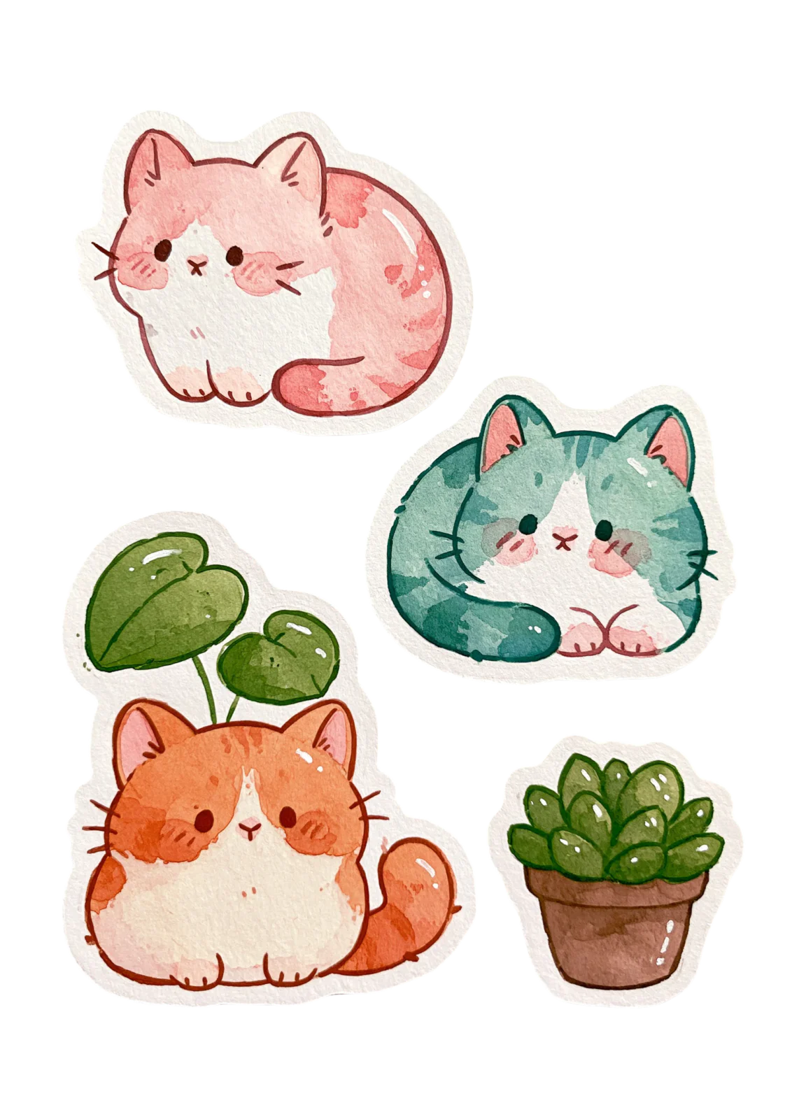 Cute Kawaii Cat & Plant Printable Sticker Sheet PNG – Pastel Watercolor Kitten Clipart for Planners, Laptops & Journals