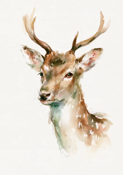 Minimalist Watercolor Fallow Deer Printable Wall Art – Majestic Stag Portrait & Neutral Woodland Wildlife Poster