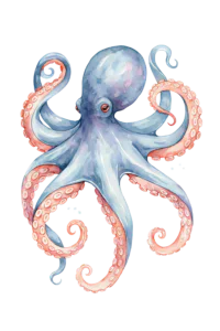 Watercolor Octopus Clipart PNG – Blue & Coral Sea Creature Illustration, Nautical Ocean Animal Sublimation Digital Graphic