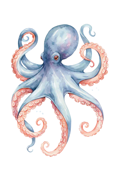Watercolor Octopus Clipart PNG – Blue & Coral Sea Creature Illustration, Nautical Ocean Animal Sublimation Digital Graphic