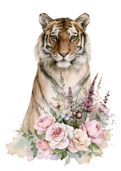 Floral Tiger Clipart PNG – Watercolor Tiger with Pink Roses & Wildflowers Illustration, Boho Botanical Animal Digital Graphic Floral Tiger Clipart PNG – Watercolor Tiger with Pink Roses & Wildflowers Illustration, Boho Botanical Animal Digital Graphic