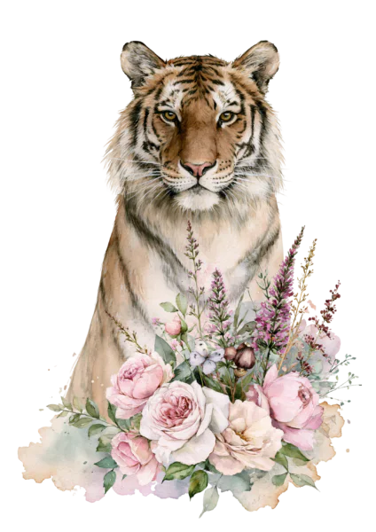 Floral Tiger Clipart PNG – Watercolor Tiger with Pink Roses & Wildflowers Illustration, Boho Botanical Animal Digital Graphic