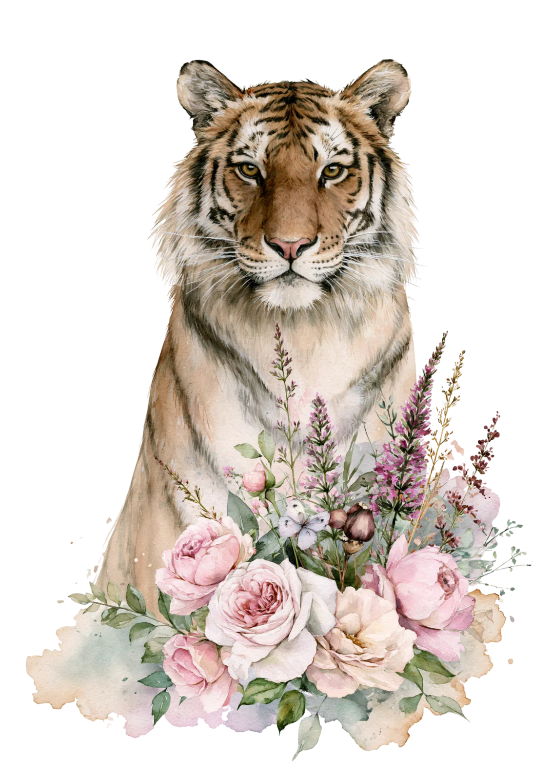 Floral Tiger Clipart PNG – Watercolor Tiger with Pink Roses & Wildflowers Illustration, Boho Botanical Animal Digital Graphic