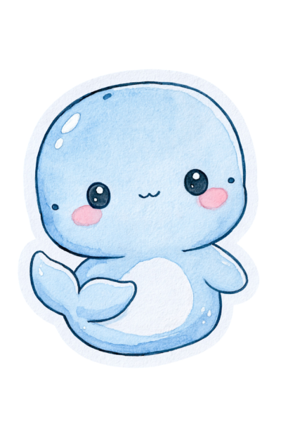 Printable Kawaii Baby Whale Sticker PNG – Cute Watercolor Ocean Animal Clipart