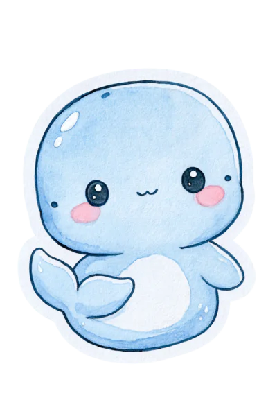 Printable Kawaii Baby Whale Sticker PNG – Cute Watercolor Ocean Animal Clipart