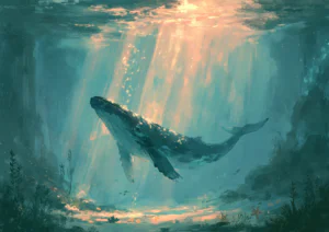 Ocean Whale Underwater Printable Wall Art – Serene Humpback Marine Painting & Coastal Nursery Poster