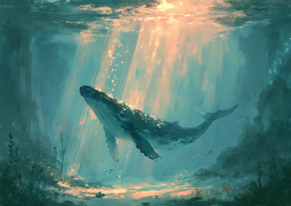 Ocean Whale Underwater Printable Wall Art – Serene Humpback Marine Painting & Coastal Nursery Poster