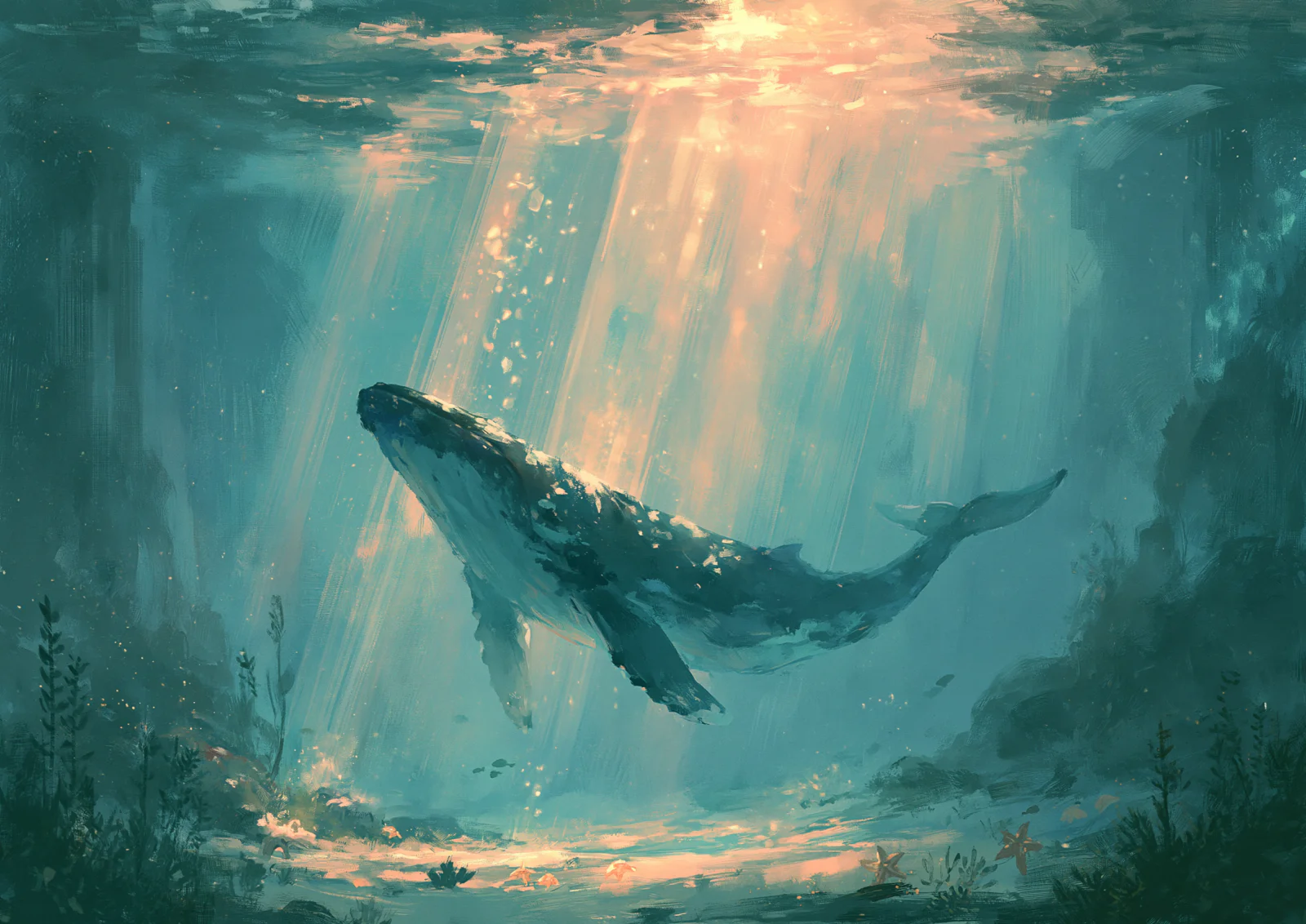 Ocean Whale Underwater Printable Wall Art – Serene Humpback Marine Painting & Coastal Nursery Poster