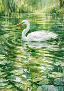 White Egret in Green Pond Watercolor Printable Wall Art – Serene Lake with Water Lilies Poster, Cottagecore Emerald & Sage Nature Decor