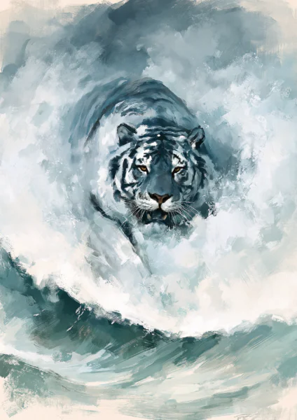 White Tiger Emerging from Ocean Waves Printable Wall Art – Dramatic Ocean Waves Oil Painting Poster, Surreal Cool Blue Wildlife Decor