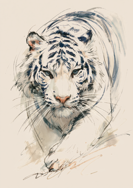 Modern White Tiger Sketch Printable Wall Art – Expressive Wildlife Poster & Minimalist Bengal Tiger Drawing