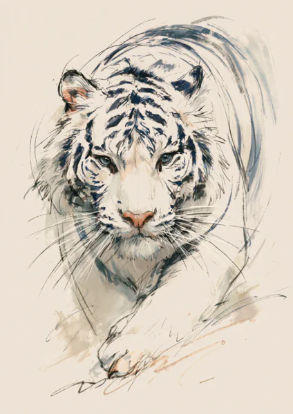 Modern White Tiger Sketch Printable Wall Art – Expressive Wildlife Poster & Minimalist Bengal Tiger Drawing