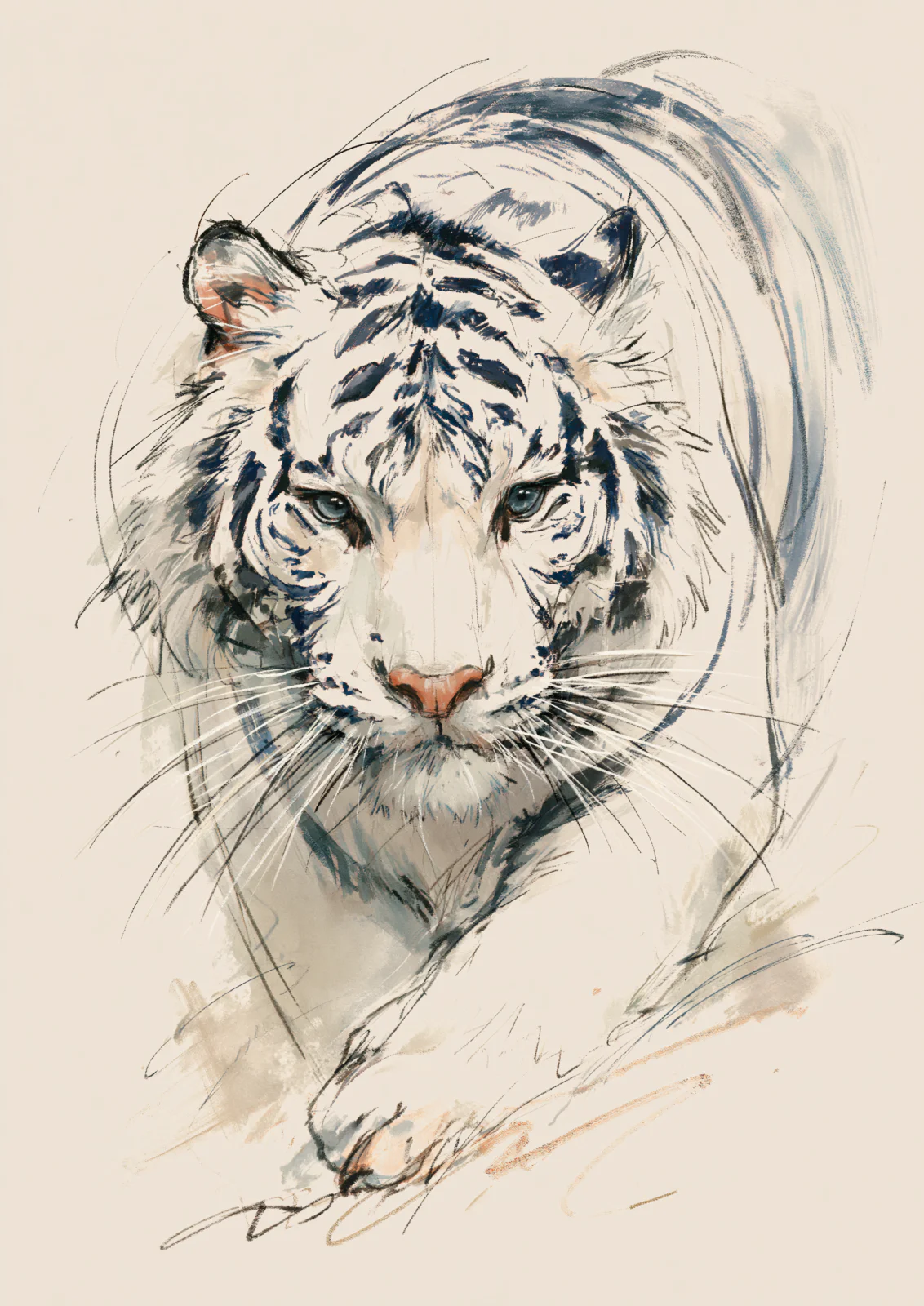 Modern White Tiger Sketch Printable Wall Art – Expressive Wildlife Poster & Minimalist Bengal Tiger Drawing
