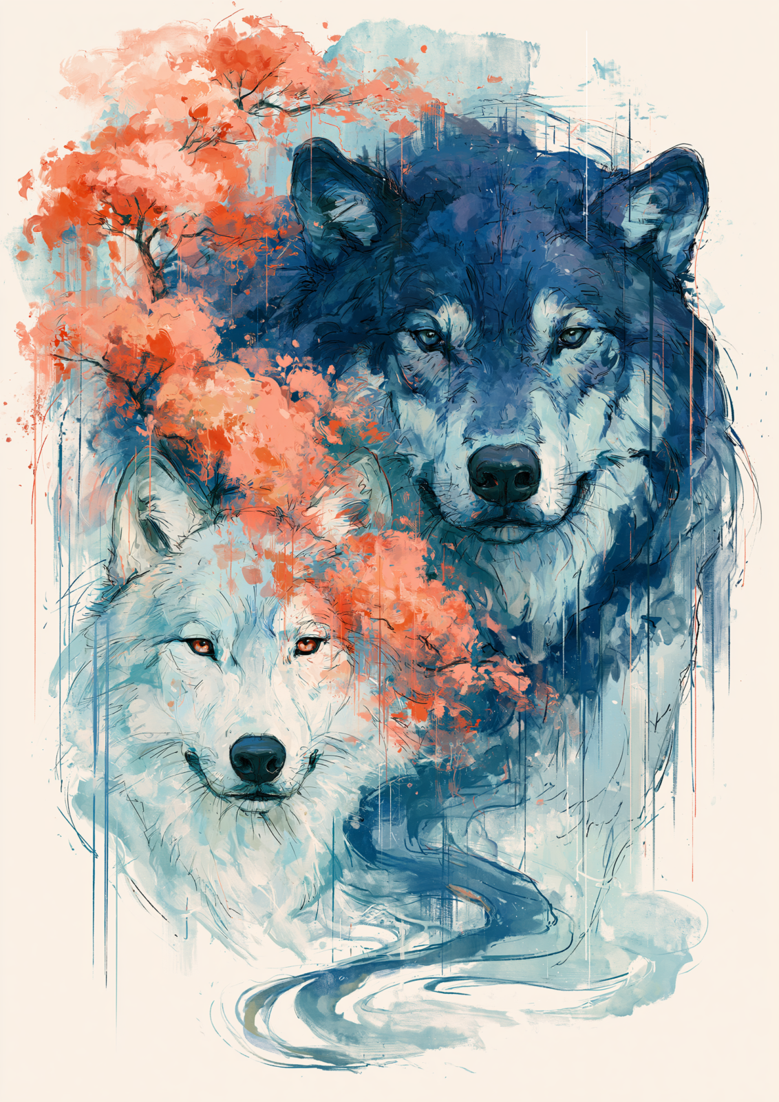 Mystical Wolf Couple Printable Wall Art – Japanese Maple Botanical Watercolor Poster, Blue & Coral Wildlife Tattoo Decor