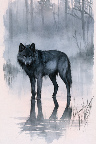 Mystical Black Wolf in Misty Water Printable Wall Art & Postcard – Moody Woodland Nature Watercolor Poster