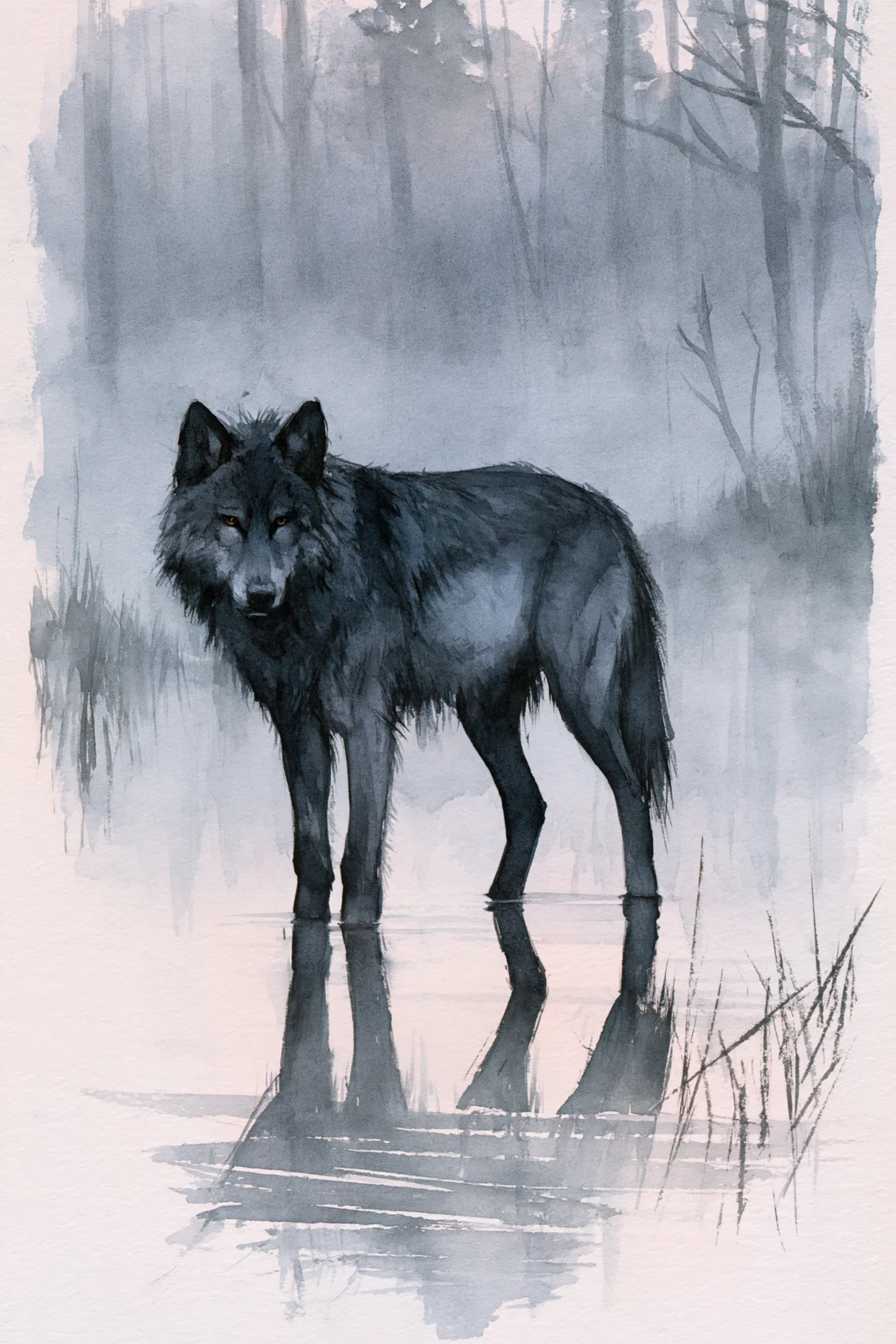 Mystical Black Wolf in Misty Water Printable Wall Art & Postcard – Moody Woodland Nature Watercolor Poster