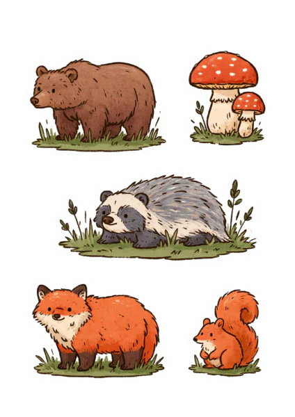 Cute Woodland Animal Printable Sticker Sheet PNG – Cottagecore Forest Bear, Fox, Badger, Squirrel & Mushroom Clipart