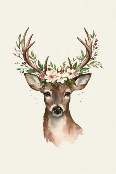 Floral Deer Antlers Printable Wall Art – Watercolor Woodland Nursery Poster