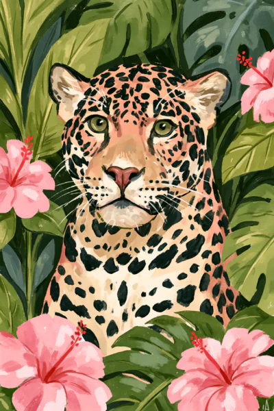 Tropical Jaguar Portrait Printable Art – Vibrant Jungle Oil Painting Poster