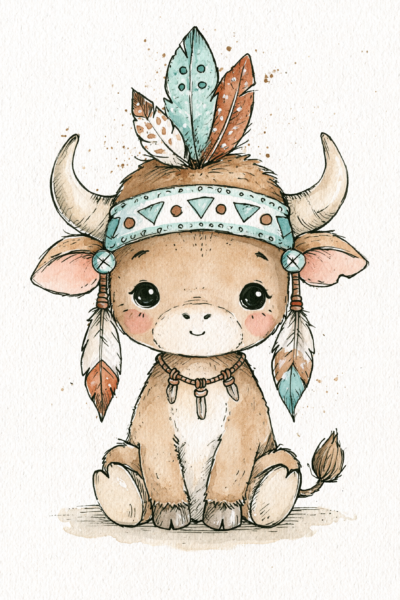 Cute Tribal Baby Bison Printable Wall Art – Boho Watercolor Nursery Poster