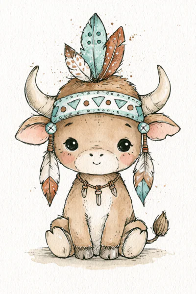 Cute Tribal Baby Bison Printable Wall Art – Boho Watercolor Nursery Poster