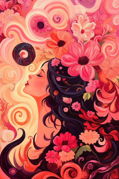Whimsical Art Nouveau Floral Woman Portrait Vibrant Pink