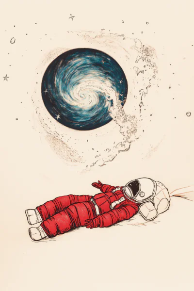 Whimsical Floating Astronaut & Cosmic Vortex