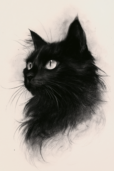 Minimalist Charcoal Black Cat Sketch Wall Art – Fine Art Longhair Cat Printable Poster