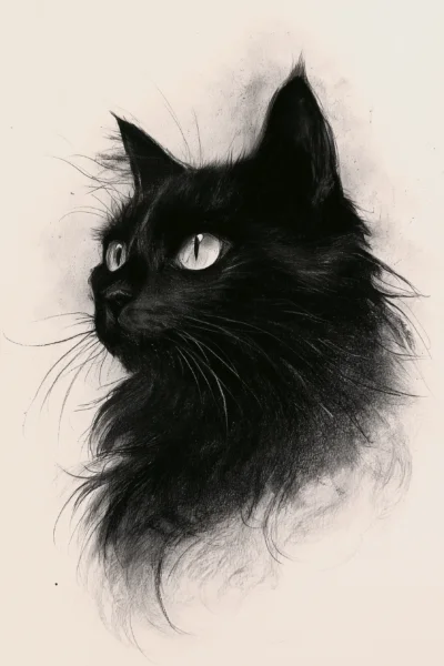 Minimalist Charcoal Black Cat Sketch Wall Art – Fine Art Longhair Cat Printable Poster