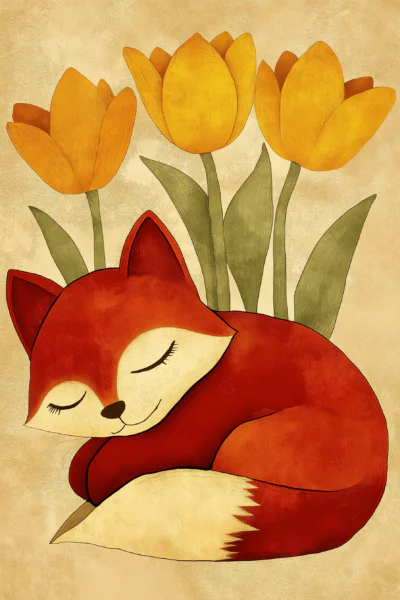 Cute Sleeping Baby Fox with Yellow Tulips