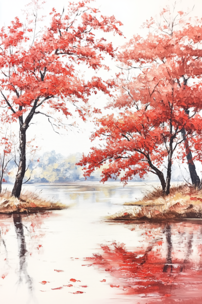 Vibrant Red Autumn Forest & Lake