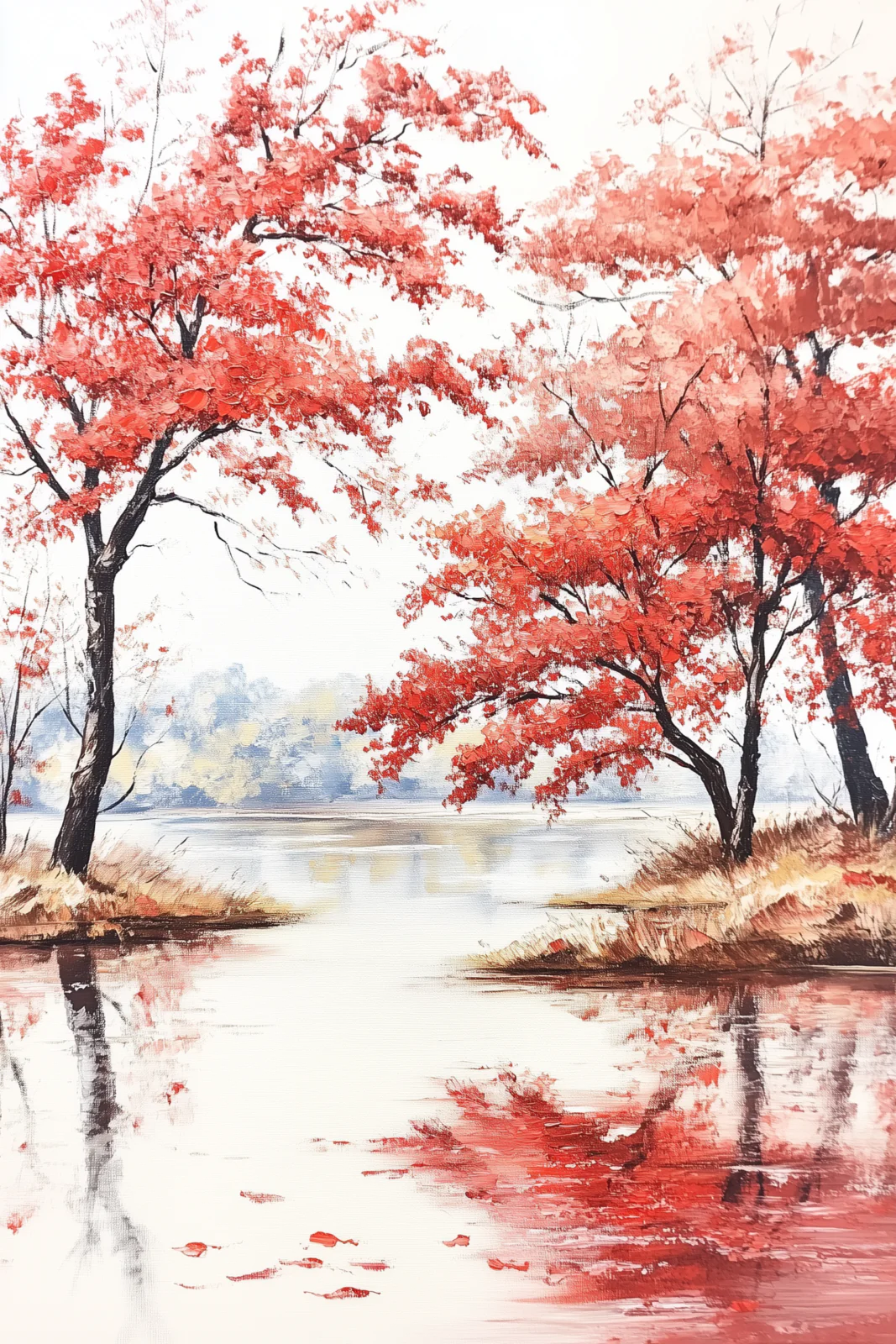Vibrant Red Autumn Forest & Lake
